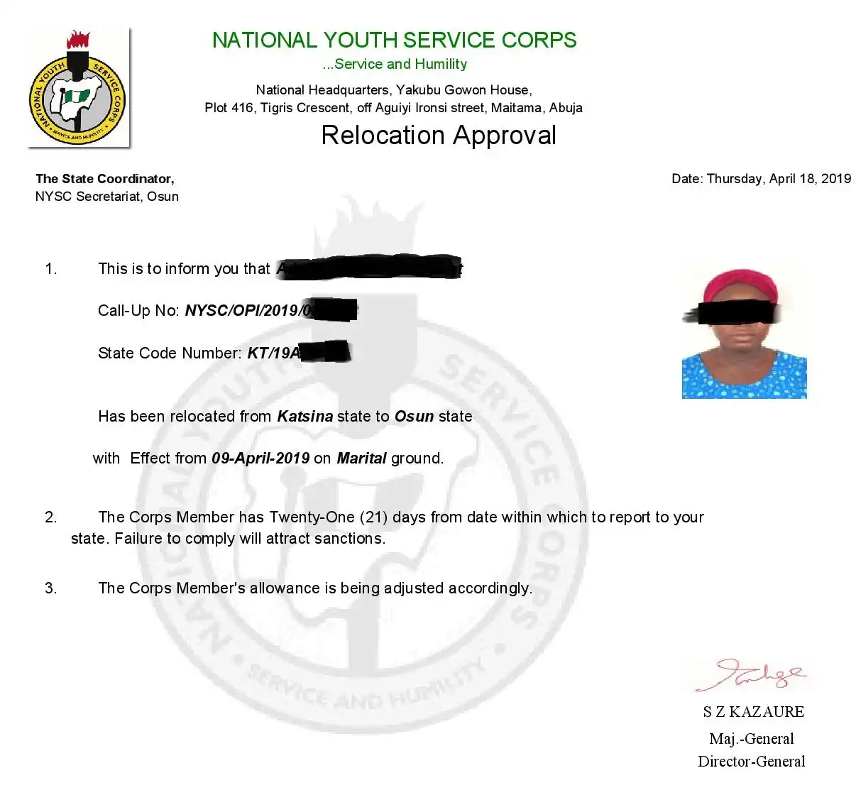 Sample of nysc relocation letter 